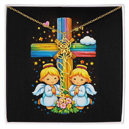Rainbow Cross Angel Twins | Personalized Christian Flower Name Necklace | Gift for Kids