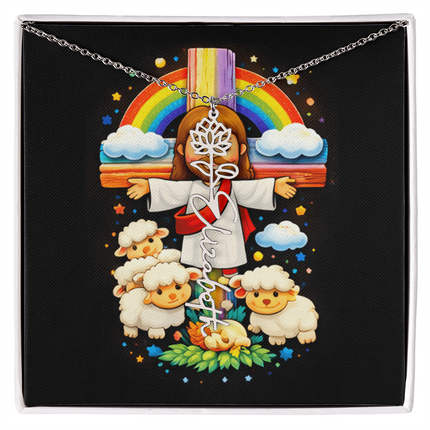 Rainbow Cross Cherub Angels | Christian Flower Name Necklace | Gift for Kids