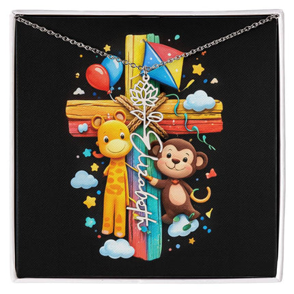 Rainbow Cross Jungle Animals | Personalized Christian Flower Name Necklace | Gift for Kids