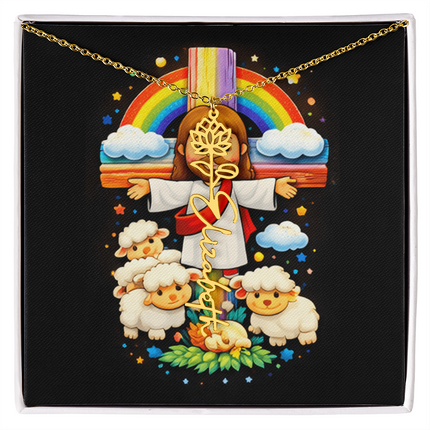 Rainbow Cross Cherub Angels | Christian Flower Name Necklace | Gift for Kids