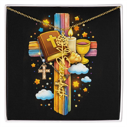 Rainbow Cross Bible and Cross | Personalized Christian Flower Name Necklace | Gift for Kids