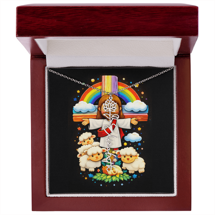 Rainbow Cross Cherub Angels | Christian Flower Name Necklace | Gift for Kids
