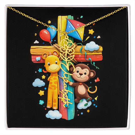Rainbow Cross Jungle Animals | Personalized Christian Flower Name Necklace | Gift for Kids