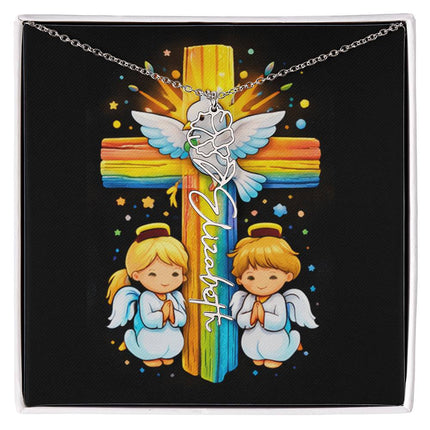 Rainbow Cross Angels and Dove | Personalized Christian Flower Name Necklace | Gift for Kids