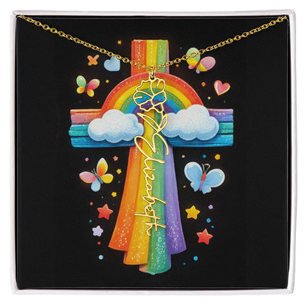 Rainbow Cross Butterfly | Personalized Christian Flower Name Necklace | Gift for Kids