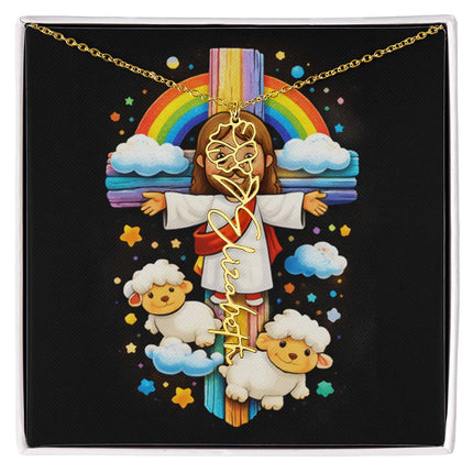 Rainbow Cross Jesus and Lamb | Personalized Christian Flower Name Necklace | Gift for Kids