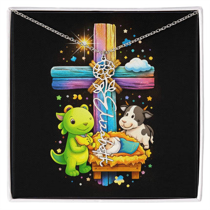 Rainbow Cross Dino and Cow | Personalized Christian Flower Name Necklace | Gift for Kids