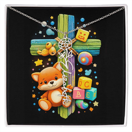 Rainbow Cross Little Fox | Personalized Christian Flower Name Necklace | Gift for Kids