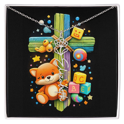 Rainbow Cross Little Fox | Personalized Christian Flower Name Necklace | Gift for Kids