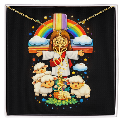 Rainbow Cross Cherub Angels | Christian Flower Name Necklace | Gift for Kids