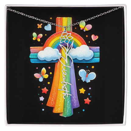 Rainbow Cross Butterfly | Personalized Christian Flower Name Necklace | Gift for Kids
