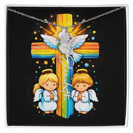 Rainbow Cross Angels and Dove | Personalized Christian Flower Name Necklace | Gift for Kids