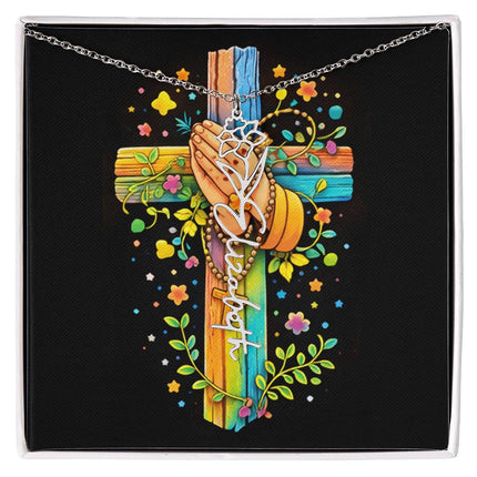 Rainbow Cross Praying Hands | Personalized Christian Flower Name Necklace | Gift for Kids