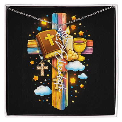 Rainbow Cross Bible and Cross | Personalized Christian Flower Name Necklace | Gift for Kids