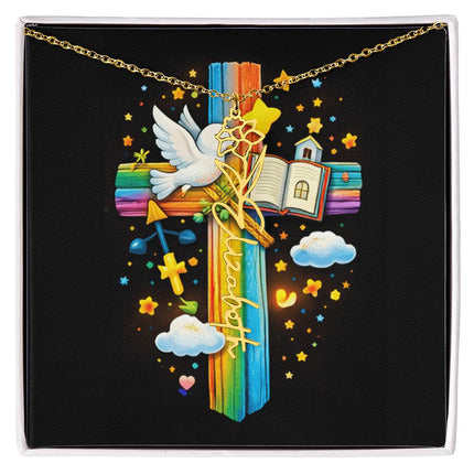 Rainbow Cross Open Bible | Personalized Christian Flower Name Necklace | Gift for Kids