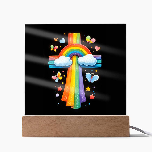 Rainbow & Butterflies Cross Acrylic Plaque – Christian Gift for Kids