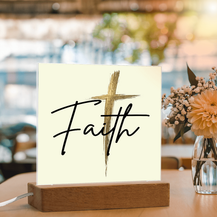 Faith cross gold square acrylic plaque with LED wooden base, Christian desk decor sign for office, shelf, nightstand, or prayer corner