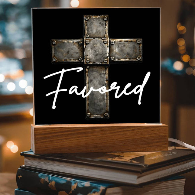 Favored Cross LED Acrylic Square Plaque – Christian Gift for Men