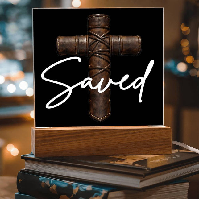 Saved Cross LED Acrylic Square Plaque – Christian Gift for Men