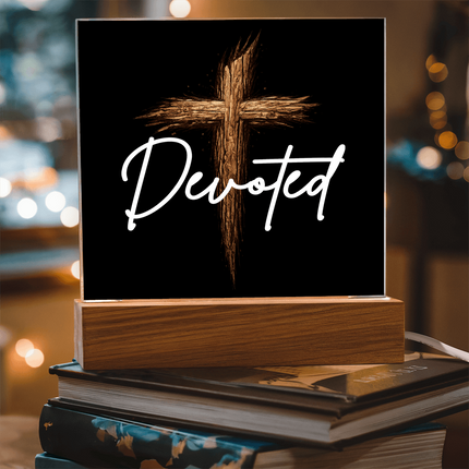 Devoted Cross LED Acrylic Square Plaque – Christian Gift for Men