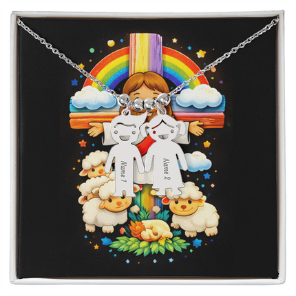 Jesus & Little Lambs Engraved Kids Charm Necklace – Christian Gift for Kids