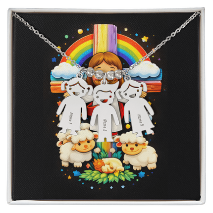 Jesus & Little Lambs Engraved Kids Charm Necklace – Christian Gift for Kids