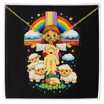 Jesus & Little Lambs Engraved Kids Charm Necklace – Christian Gift for Kids