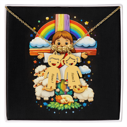 Jesus & Little Lambs Engraved Kids Charm Necklace – Christian Gift for Kids