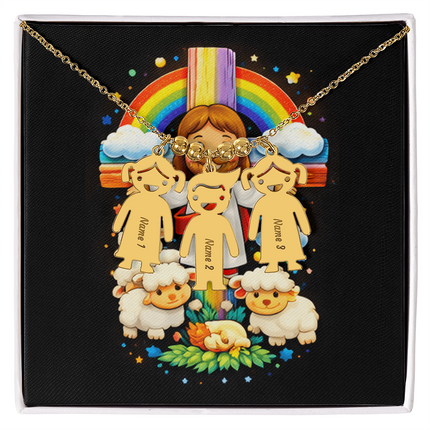Jesus & Little Lambs Engraved Kids Charm Necklace – Christian Gift for Kids
