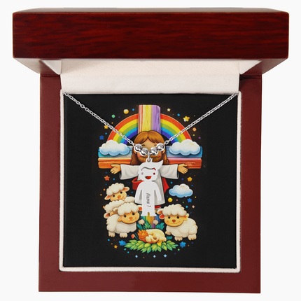 Jesus & Little Lambs Engraved Kids Charm Necklace – Christian Gift for Kids