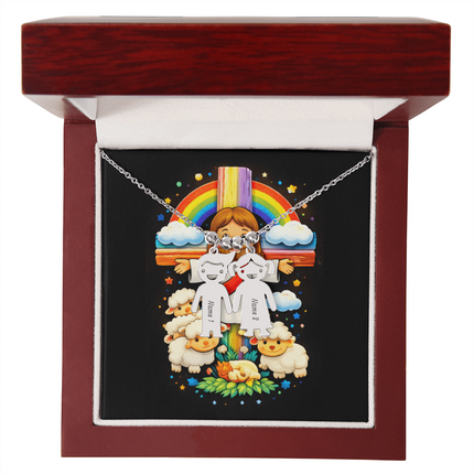 Jesus & Little Lambs Engraved Kids Charm Necklace – Christian Gift for Kids