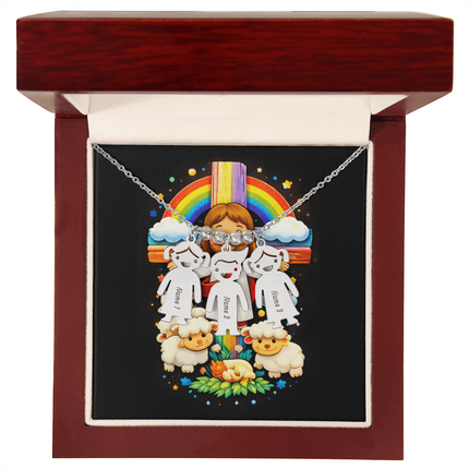 Jesus & Little Lambs Engraved Kids Charm Necklace – Christian Gift for Kids