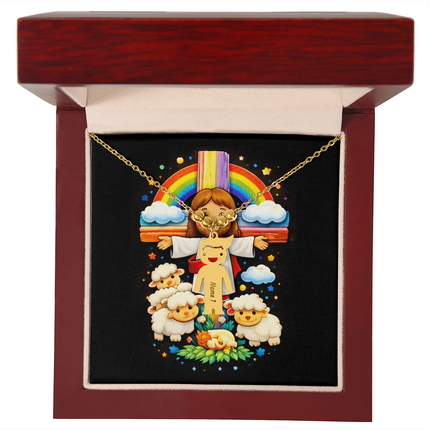 Jesus & Little Lambs Engraved Kids Charm Necklace – Christian Gift for Kids