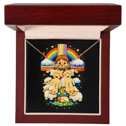 Jesus & Little Lambs Engraved Kids Charm Necklace – Christian Gift for Kids