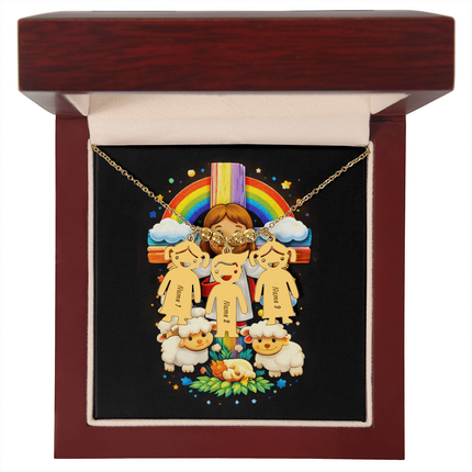Jesus & Little Lambs Engraved Kids Charm Necklace – Christian Gift for Kids