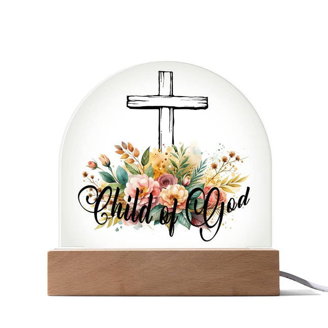 Child of God Acrylic Dome Plaque | Floral Cross | Clear
