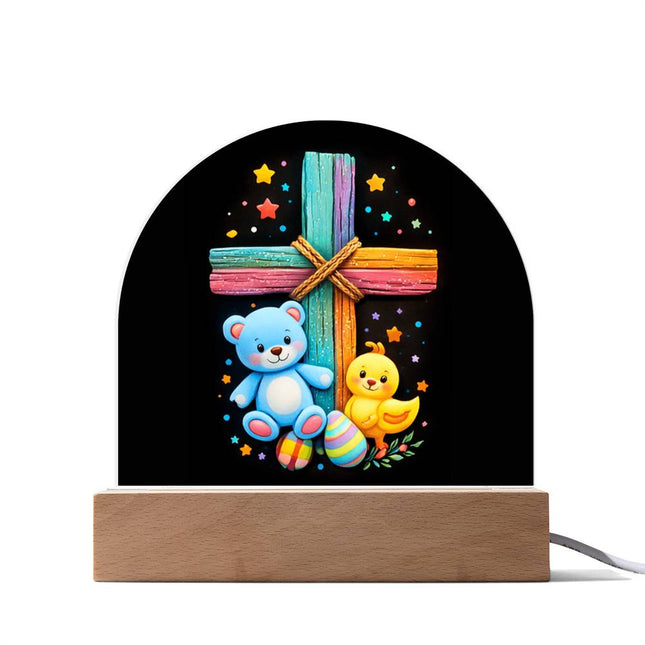 Rainbow Cross Teddy Bear & Chick Dome Acrylic Plaque – Christian Gift for Kids