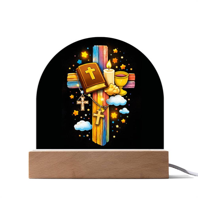 First Communion Bible & Chalice Rainbow Cross Dome Acrylic Plaque – Christian Gift for Kids