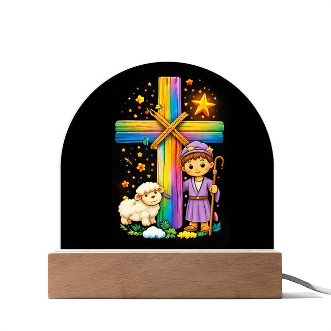 Shepherd Boy & Lamb Rainbow Cross Dome Acrylic Plaque – Christian Gift for Kids
