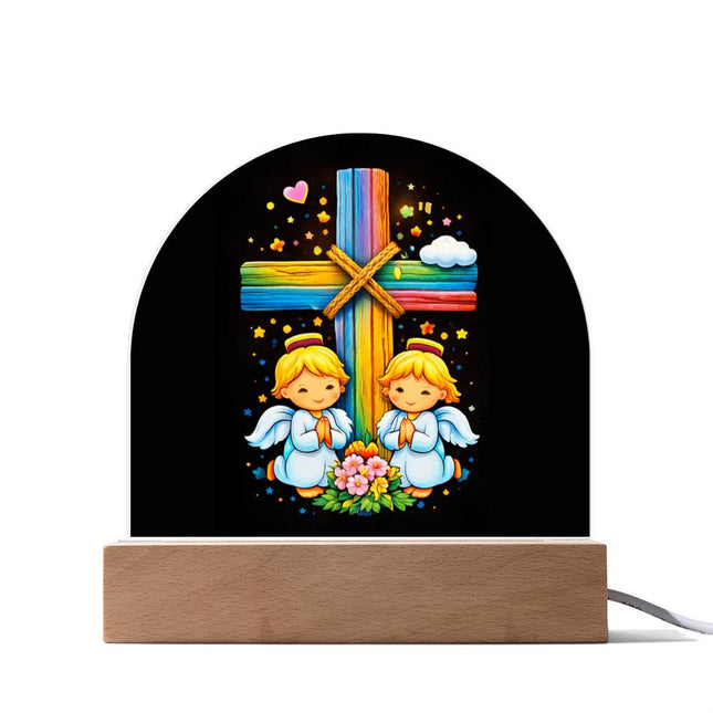 Praying Angels Rainbow Cross Dome Acrylic Plaque – Christian Gift for Kids