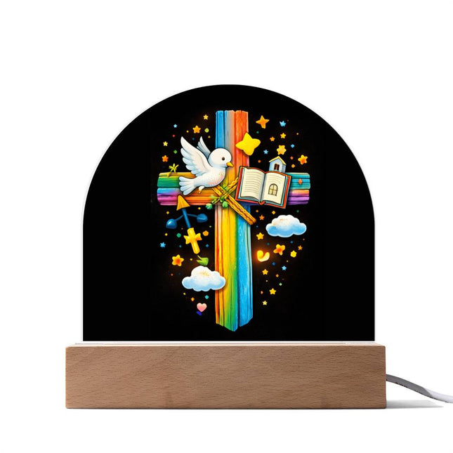 Dove & Open Bible Rainbow Cross Dome Acrylic Plaque – Christian Gift for Kids