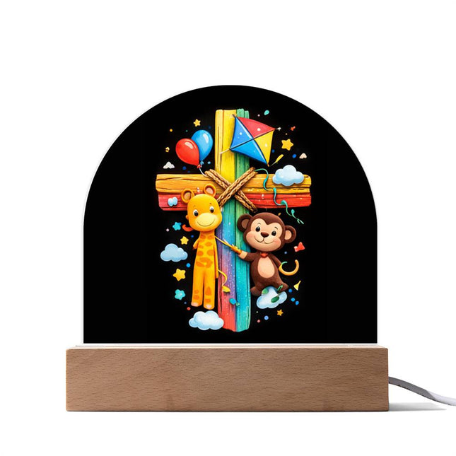 Giraffe & Monkey Rainbow Cross Dome Acrylic Plaque – Christian Gift for Kids