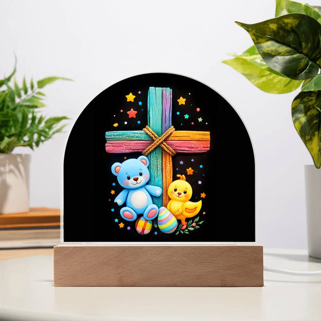 Rainbow Cross Teddy Bear & Chick Dome Acrylic Plaque – Christian Gift for Kids
