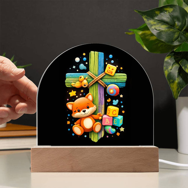 Kitten & ABC Blocks Rainbow Cross Dome Acrylic Plaque – Christian Gift for Kids