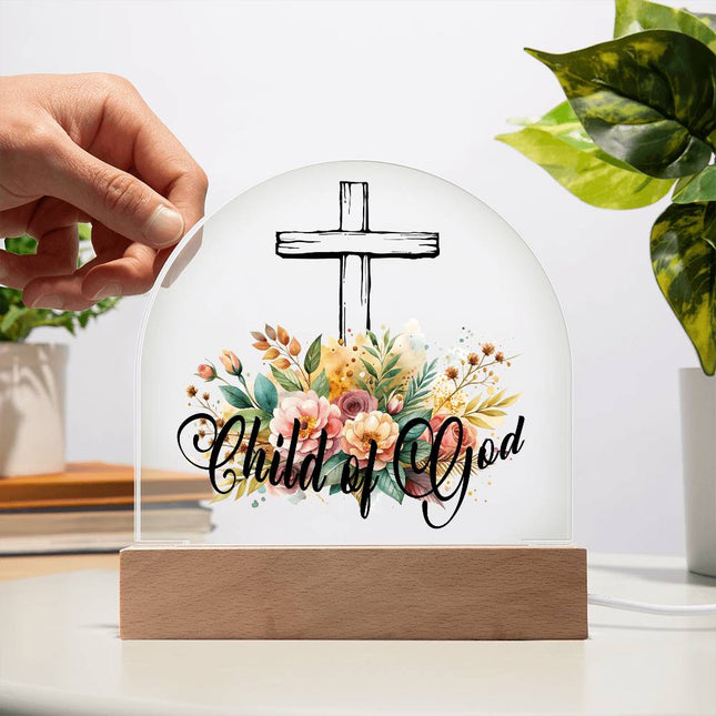 Child of God Acrylic Dome Plaque | Floral Cross | Clear