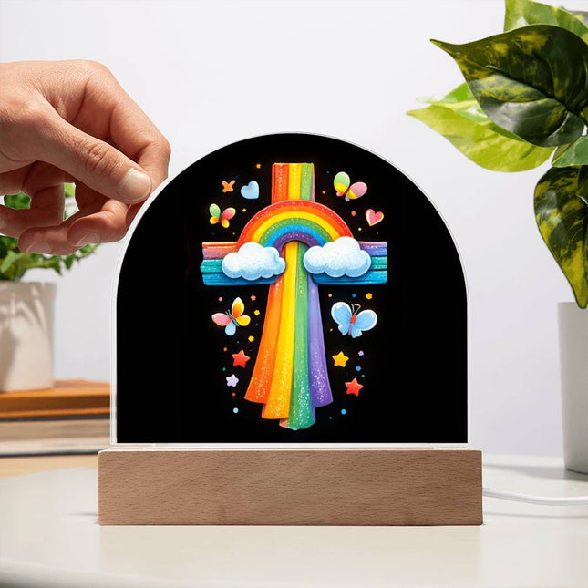 Rainbow & Clouds Cross Dome Acrylic Plaque – Christian Gift for Kids
