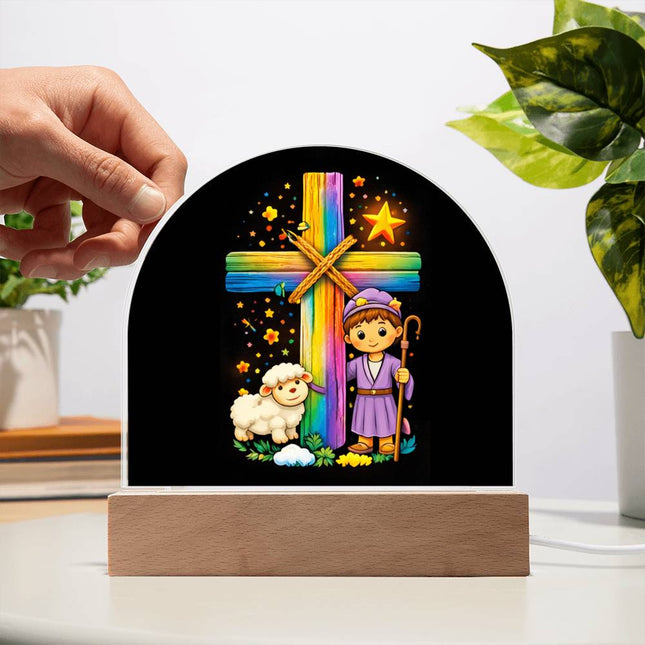 Shepherd Boy & Lamb Rainbow Cross Dome Acrylic Plaque – Christian Gift for Kids