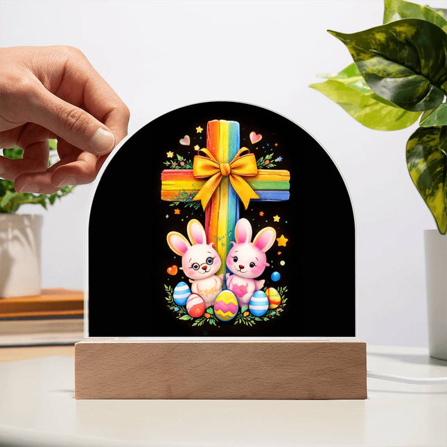 Easter Bunnies & Eggs Rainbow Cross Dome Acrylic Plaque – Christian Gift for Kids