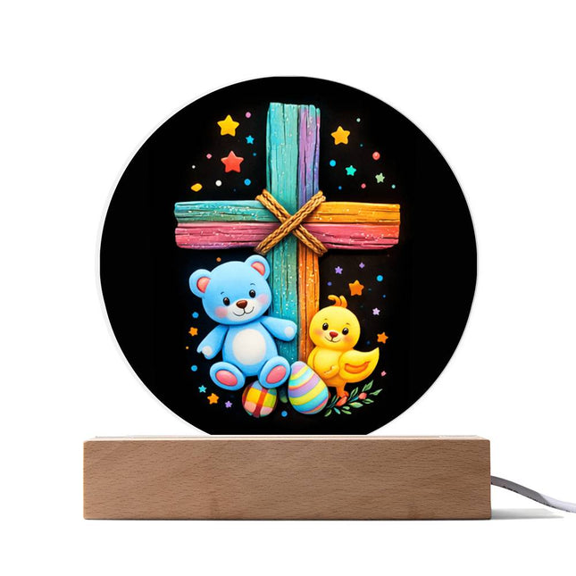 Teddy Bear & Easter Chick Circle Acrylic Plaque – Christian Gift for Kids