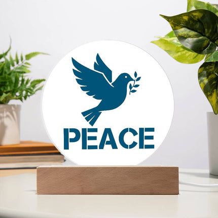 Peace circle acrylic plaque with teal dove holding olive branch and peace text on LED wood base – Christian decor sign